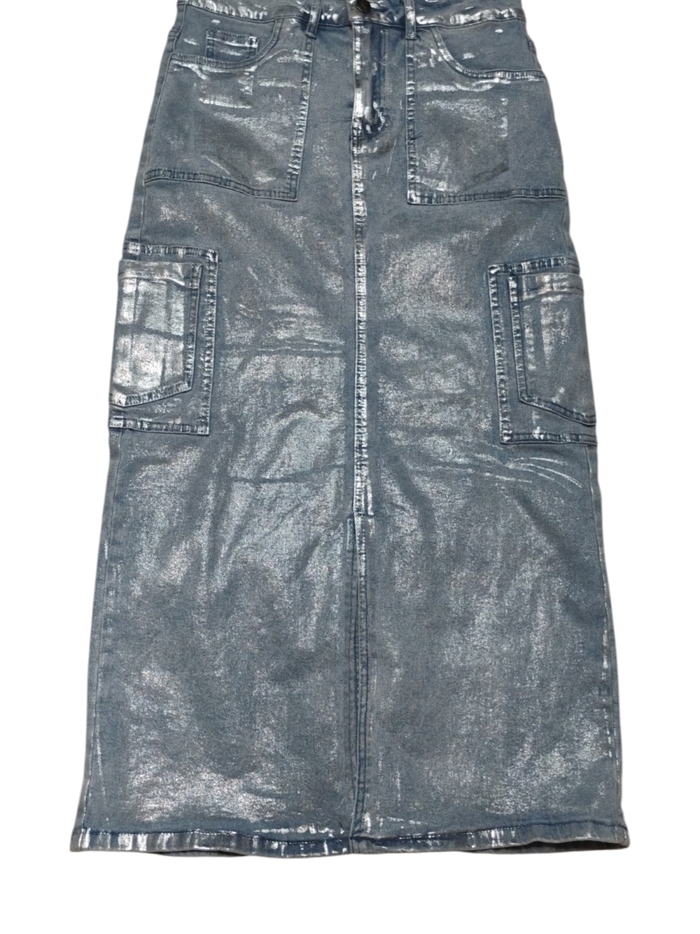 Balboa Metallic Silver & Blue Cargo Denim Maxi Skirt SZ L NWT